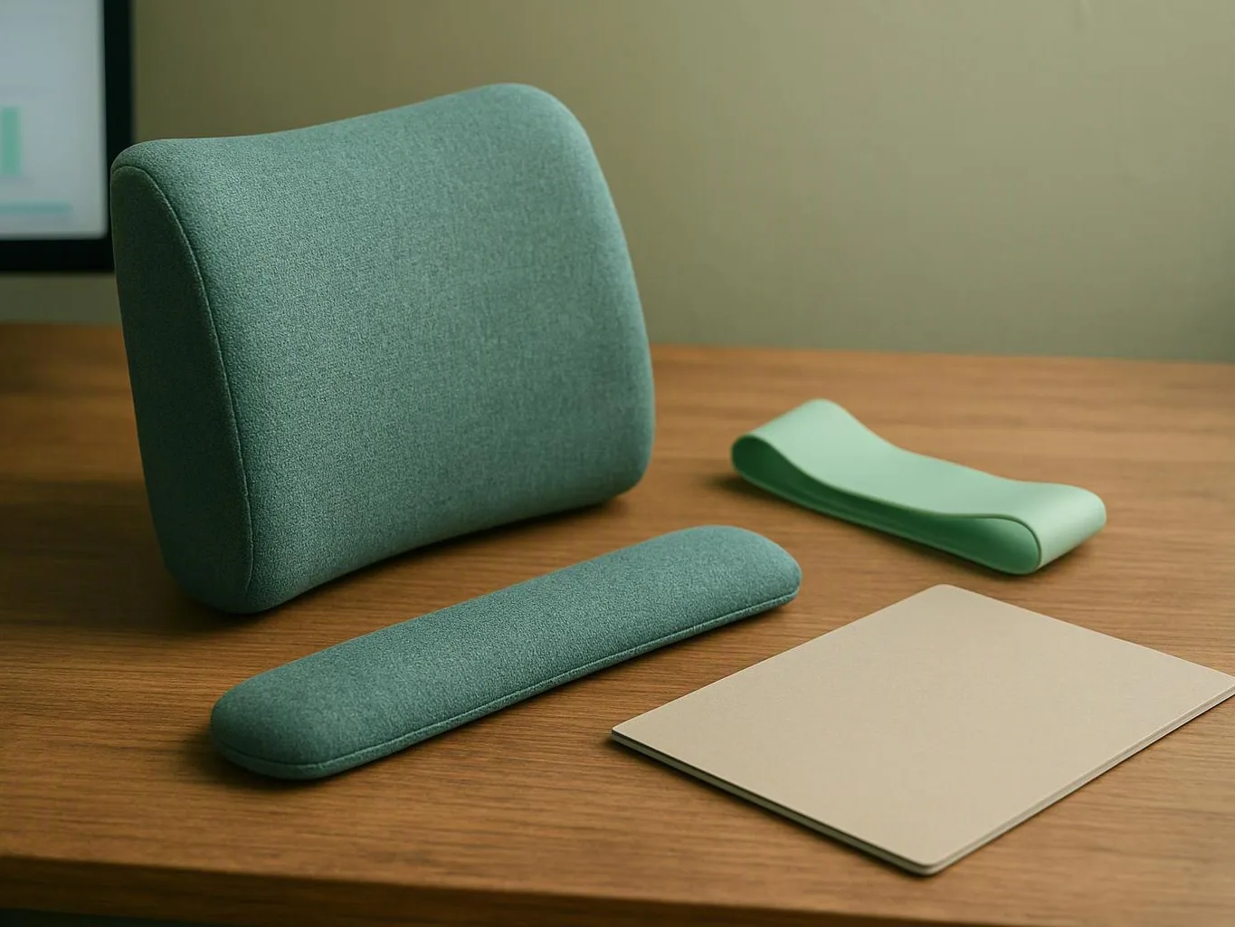 A teal upholstered cushion sits on a wooden table beside two matching padded pieces and a beige square sheet