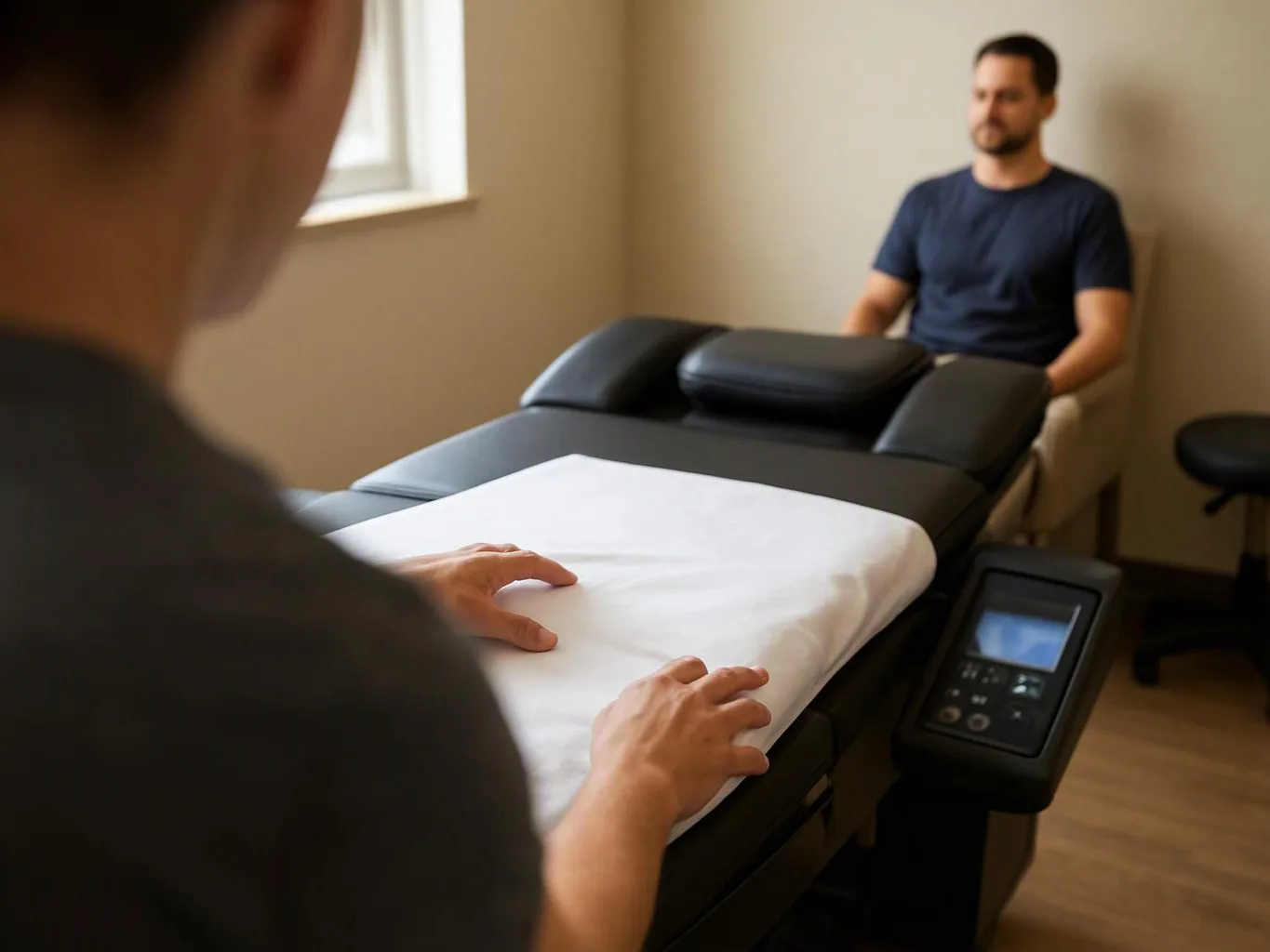 A therapist adjusts a treatment table while a man sits in a small clinic room