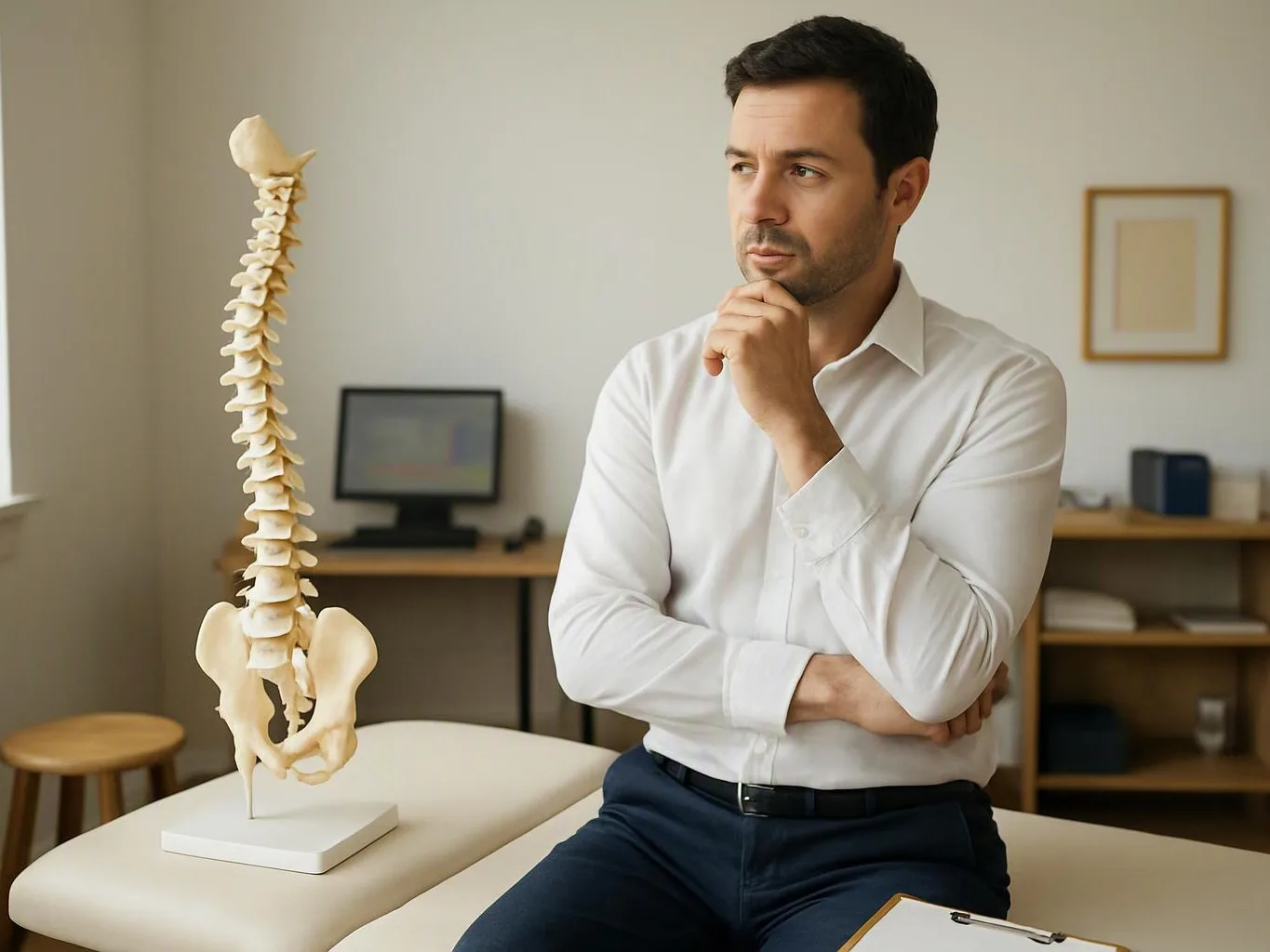 A thoughtful man in a white shirt sits beside a spine model in a clinic-like room