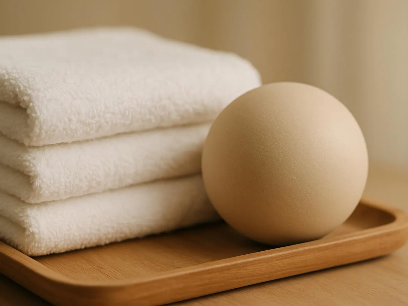 Three folded white towels sit beside a beige round soap on a wooden tray