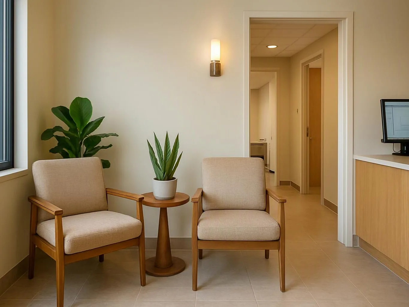 Two beige armchairs flank a small table with a potted plant in a bright hallway waiting area