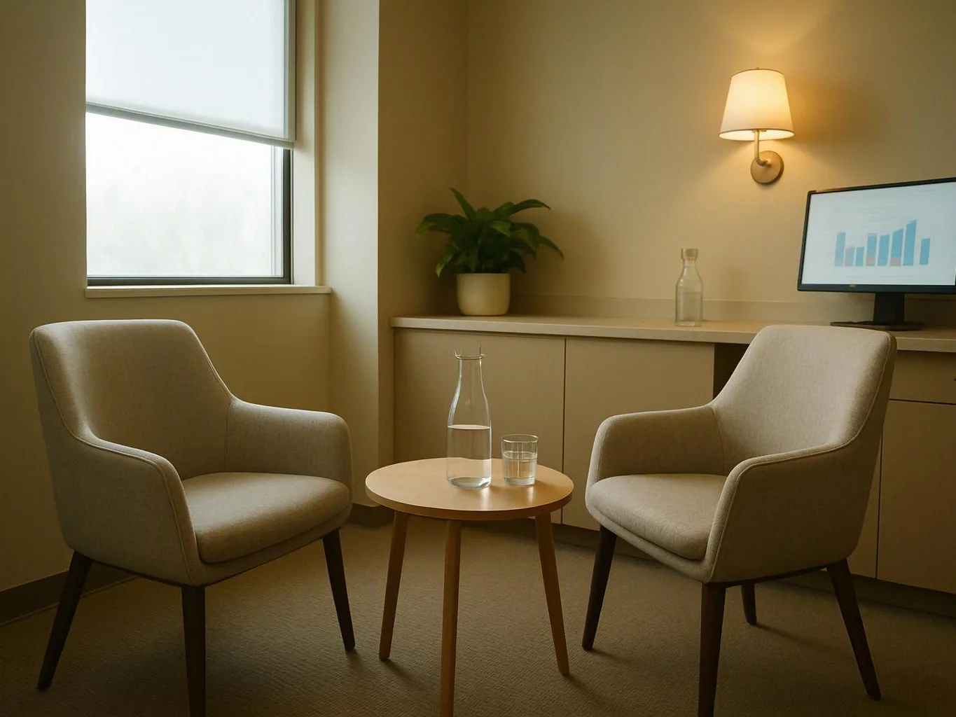 Two beige chairs face a small round table with a water carafe and glass in a quiet office room