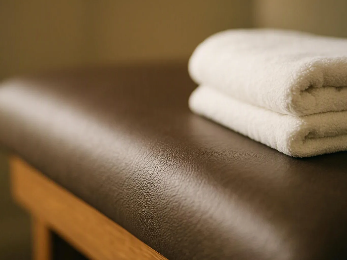Two folded white towels rest on a dark padded massage table in warm light