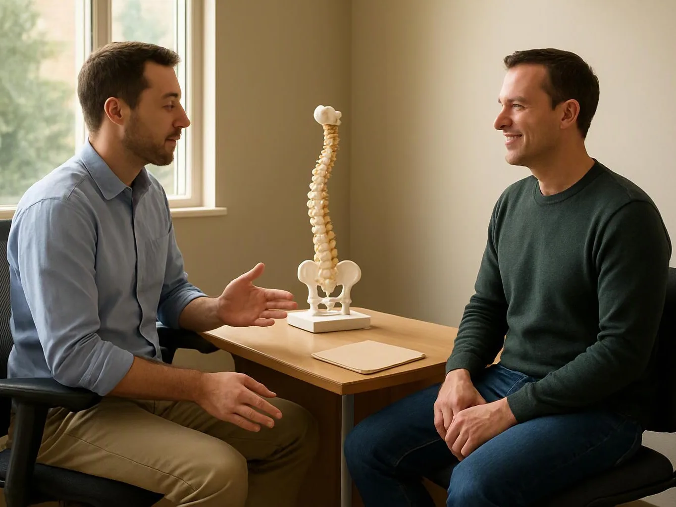 Two men sit across a small desk, talking beside a spine model in a plain office room