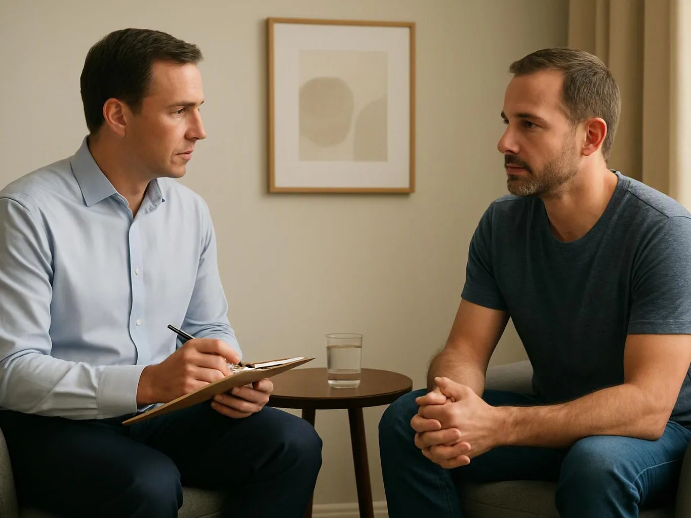 Two men sit facing each other in a 상담 room, one taking notes on a clipboard beside a small table and glass of water