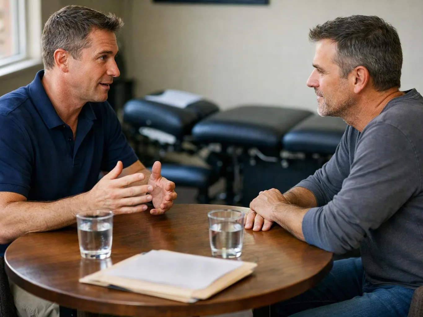 Two men sit at a round table talking, with water glasses and a closed folder in a clinical room
