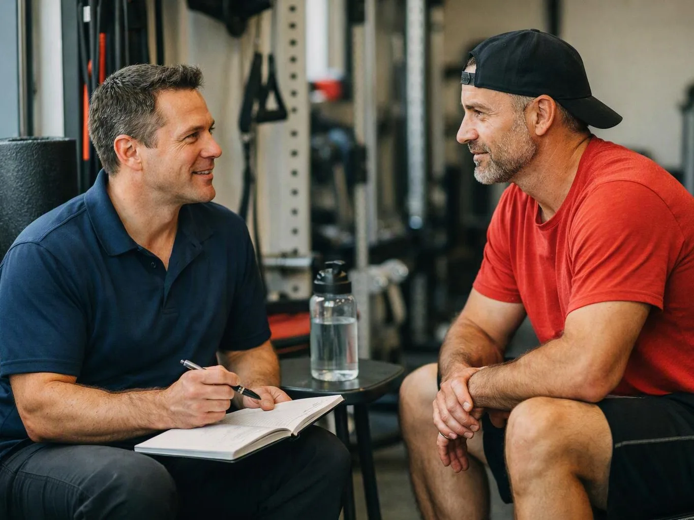 Two men sit talking in a gym, one taking notes in a notebook beside a water bottle