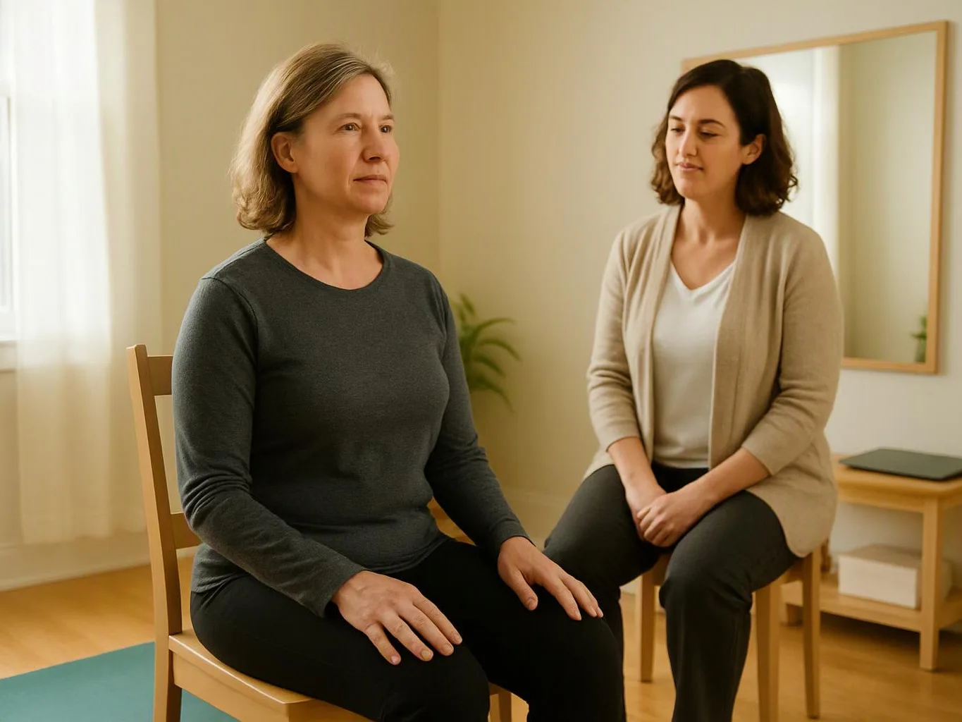 Two women sit on wooden chairs in a calm room, one facing forward while the other looks at her with a gentle smile