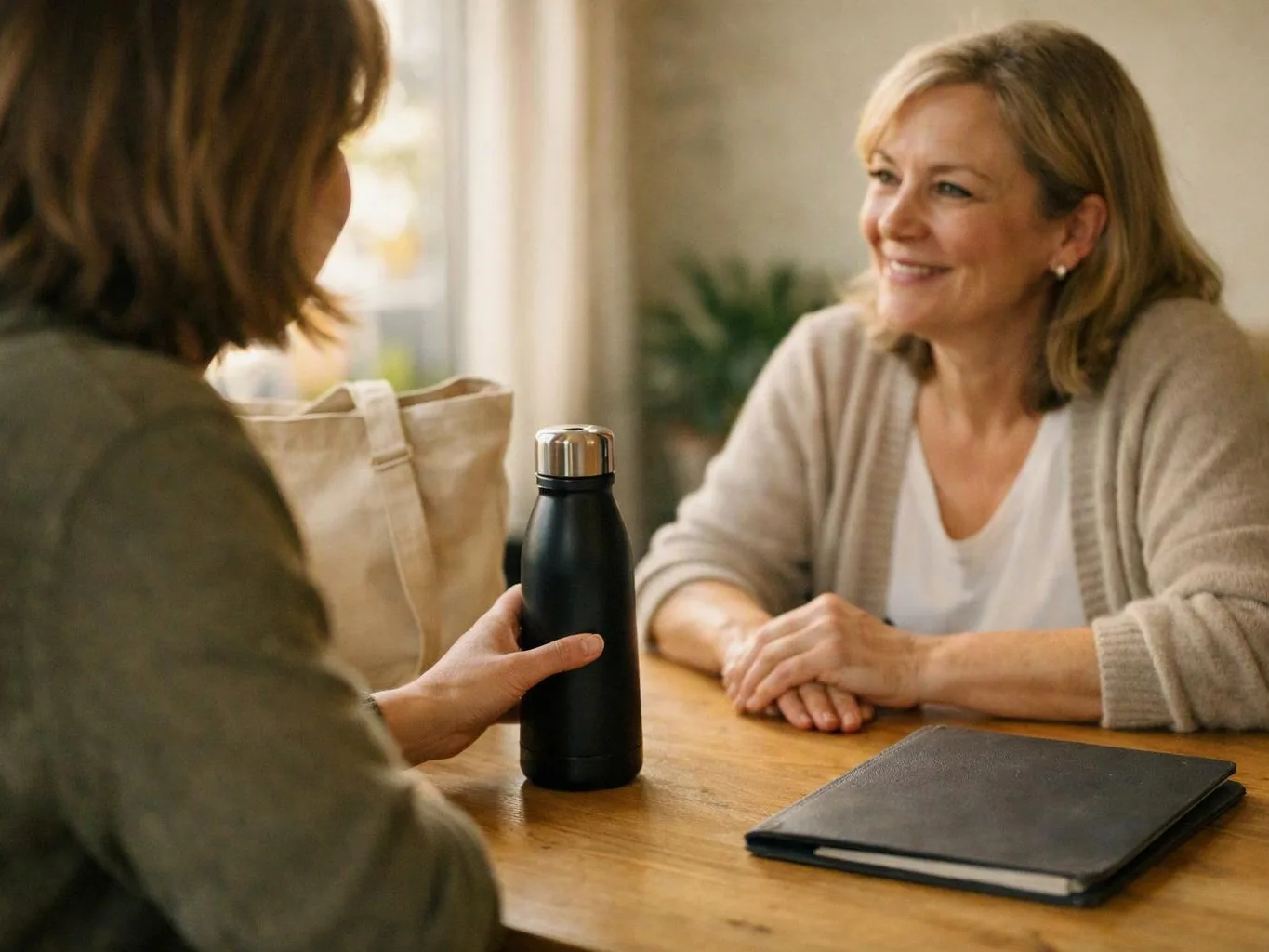 Two women sit at a wooden table, one holding a black bottle while they smile and talk in a bright room