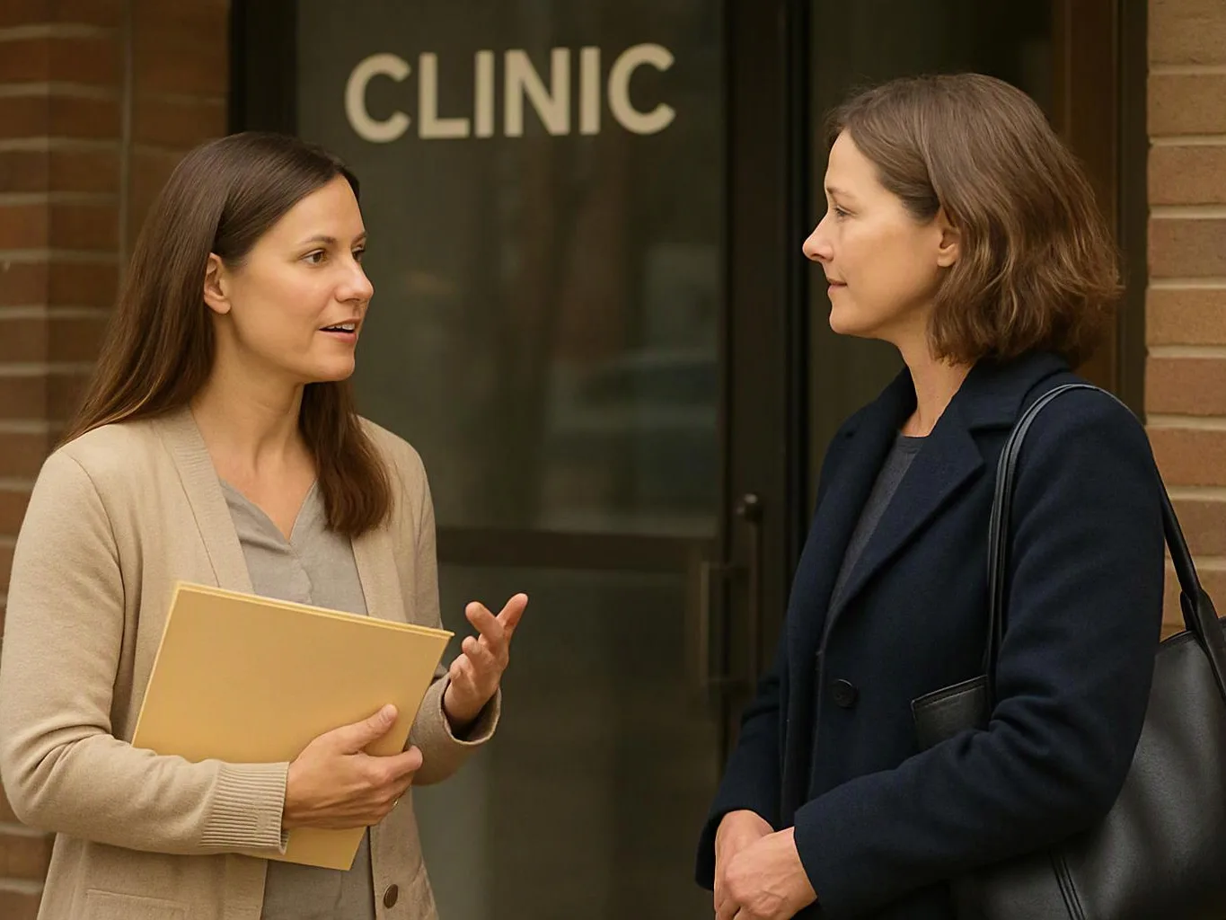 Two women talk outside a clinic entrance, one holding a folder and the other carrying a black shoulder bag