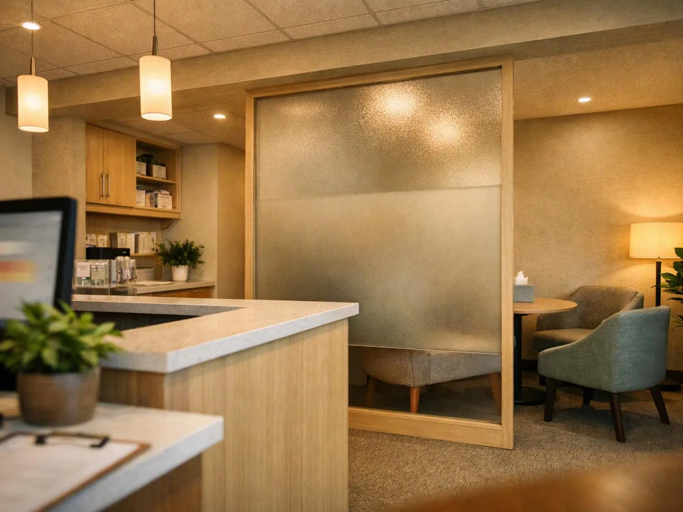 A warm waiting room shows a reception counter, frosted glass booth, and seating area with lamps and chairs