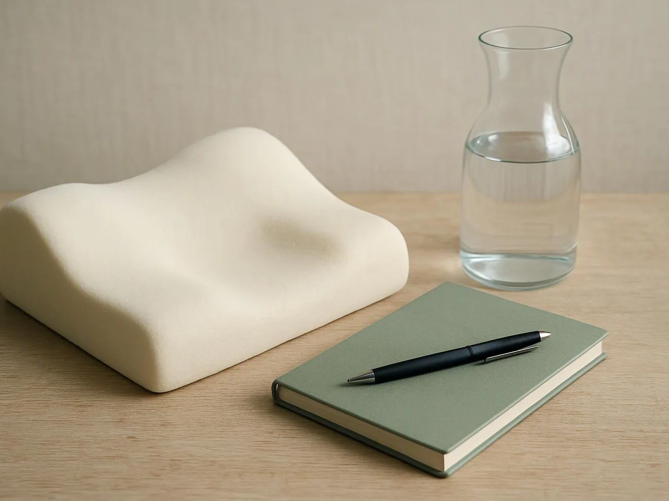 A white foam cushion sits beside a glass water carafe, with a notebook and pen on a wooden table