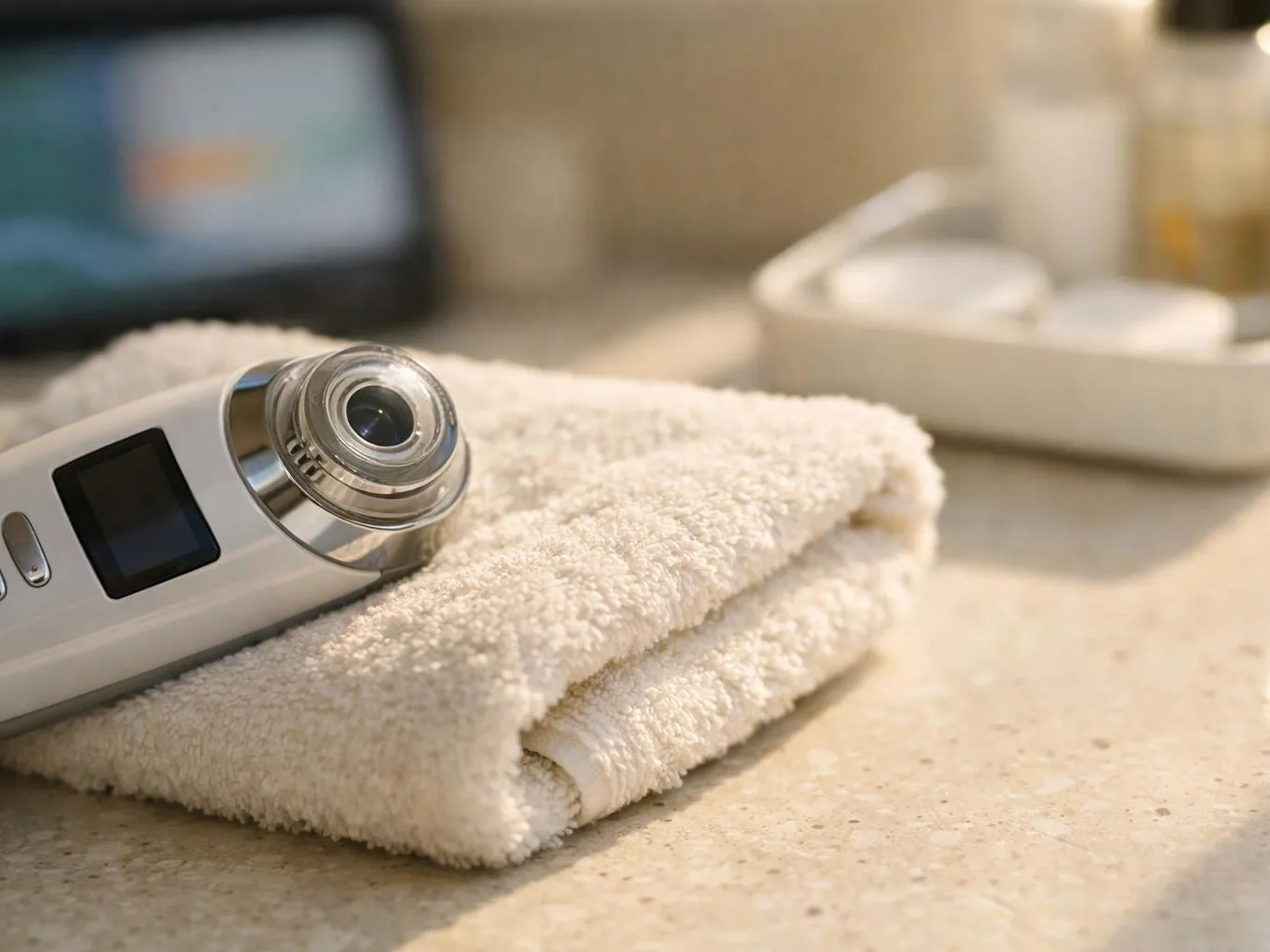 A white handheld beauty device rests on folded towels beside blurred bathroom items