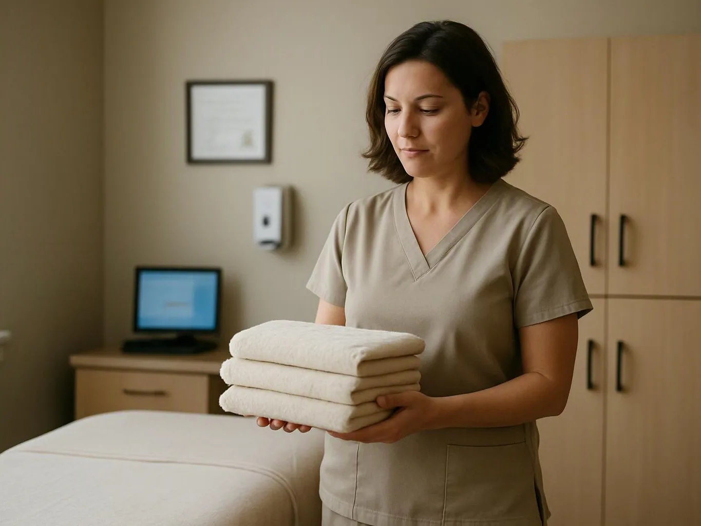 A woman in beige scrubs holds folded white towels beside a neatly made treatment bed in a room