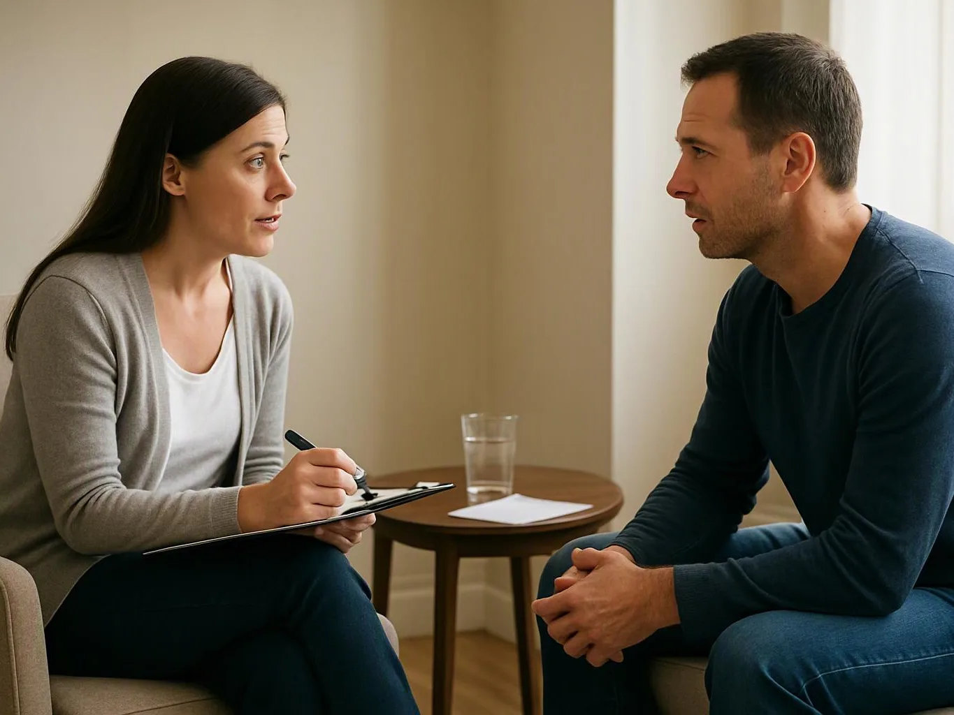 A woman with a clipboard talks to a man in a quiet room beside a small table with a glass and paper