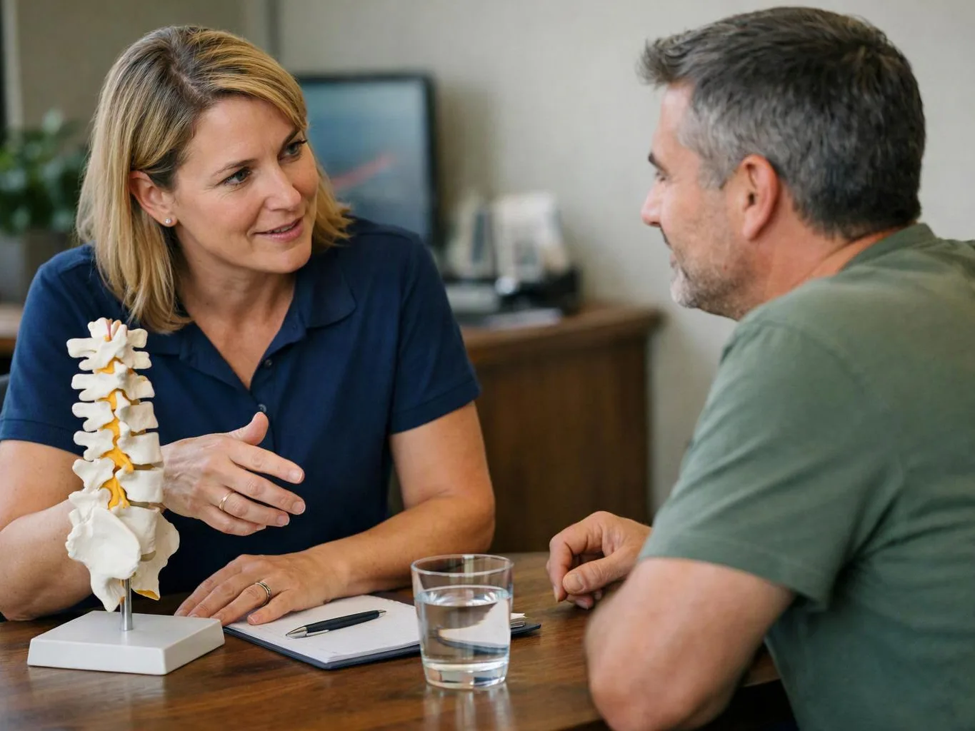A woman explains a spine model to a man across a desk in a clinic office