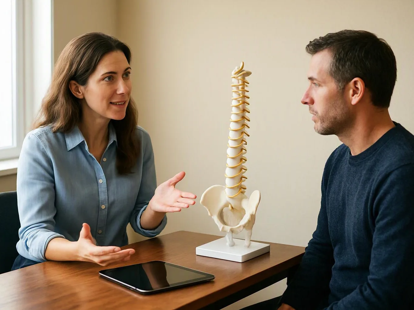 A woman explains a spine model to a man at a table with a tablet in a bright room