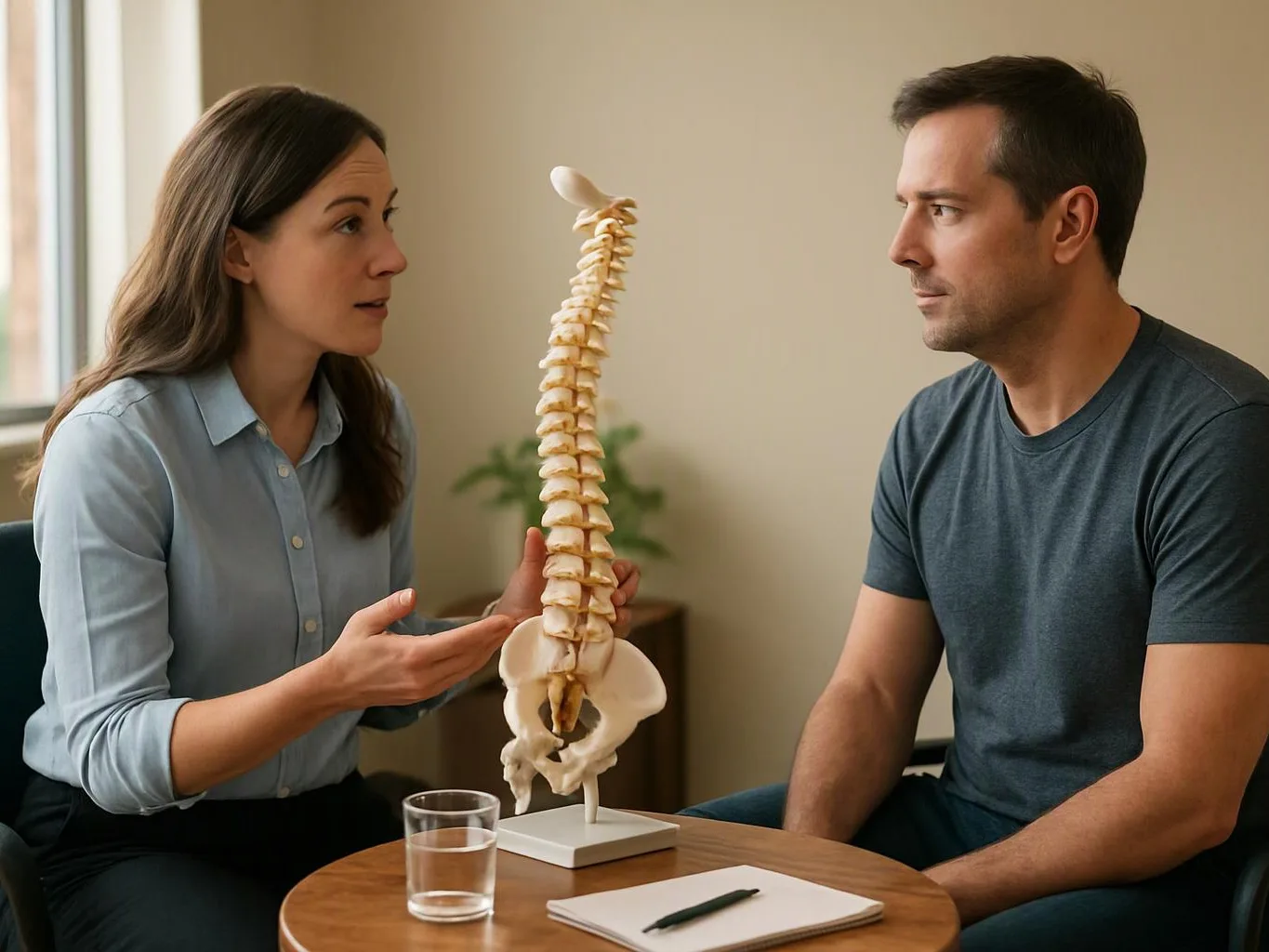 A woman explains a spine model to a seated man at a small table in a bright room