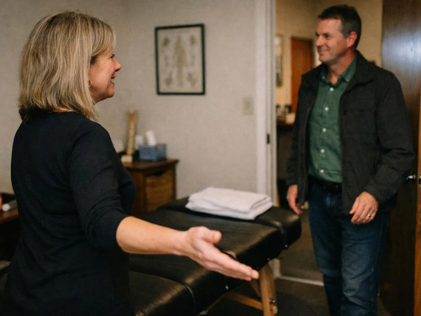 A woman gestures toward a man standing in a small exam room with a treatment table and folded towels