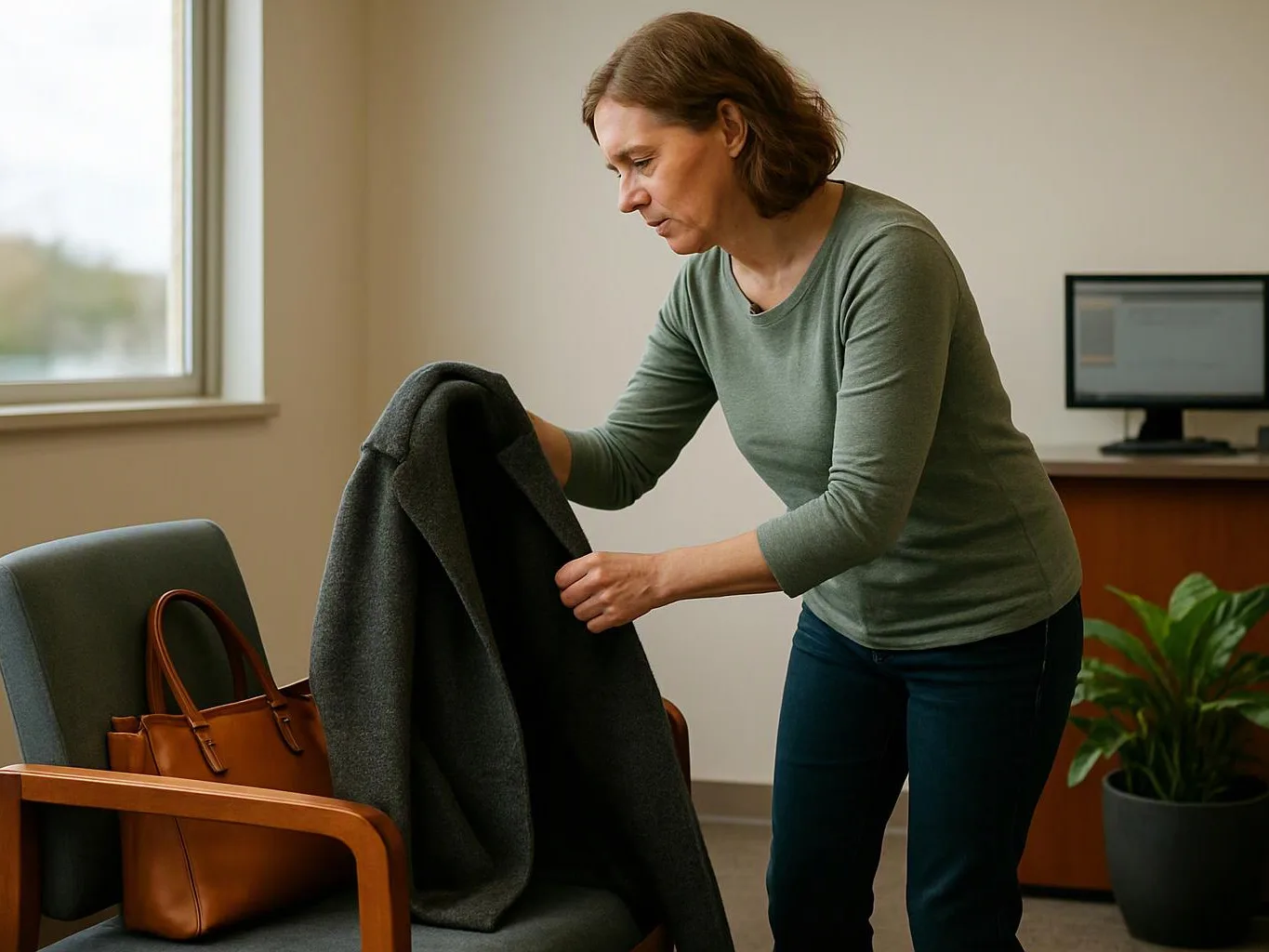 A woman hangs a dark coat over a chair beside a brown handbag in a quiet office room