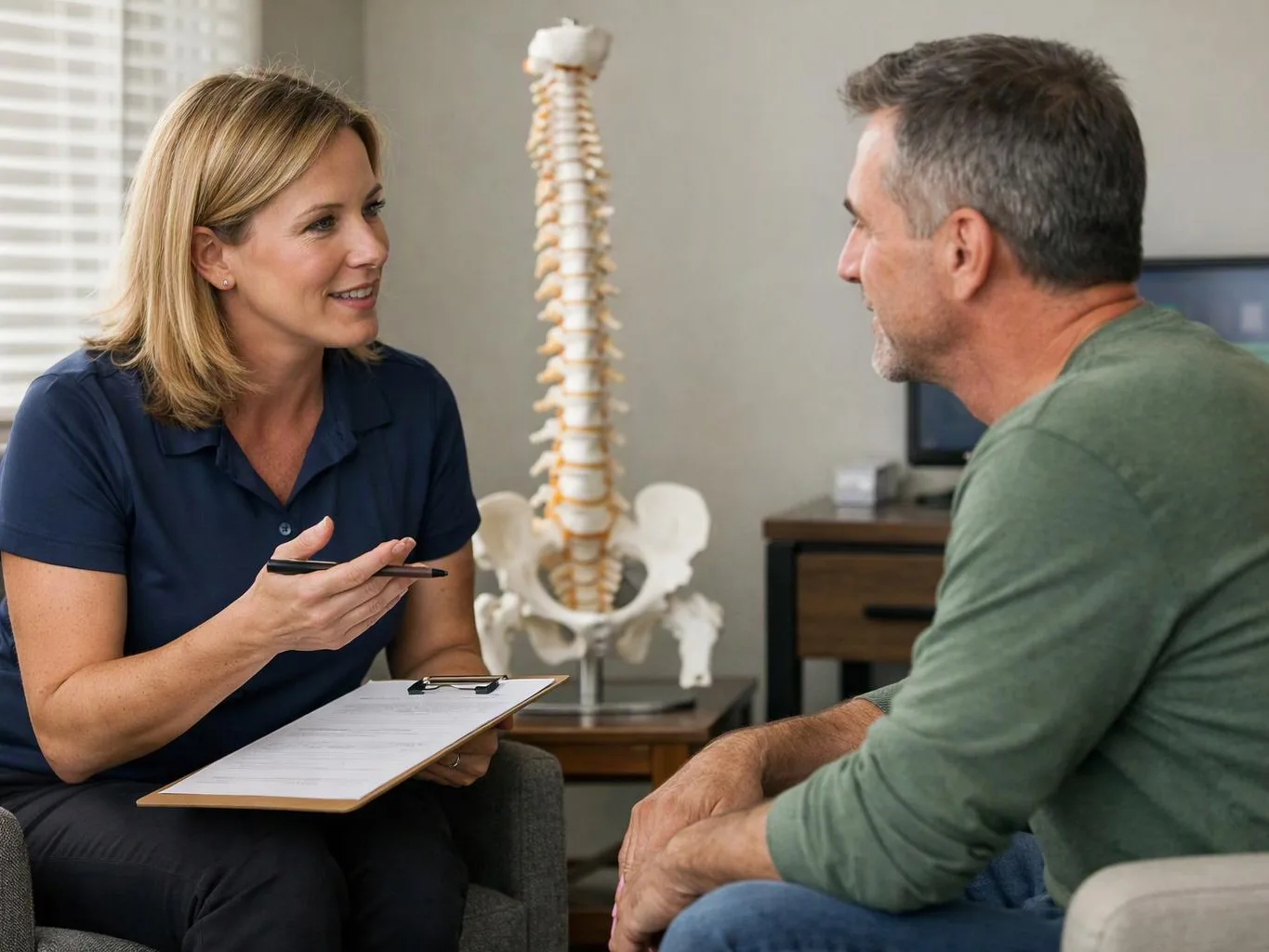 A woman holds a clipboard and talks with a seated man in a clinic room, with a spine model behind them