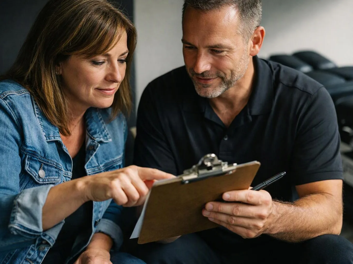 A woman and a man lean over a clipboard, reviewing notes together in a casual indoor setting