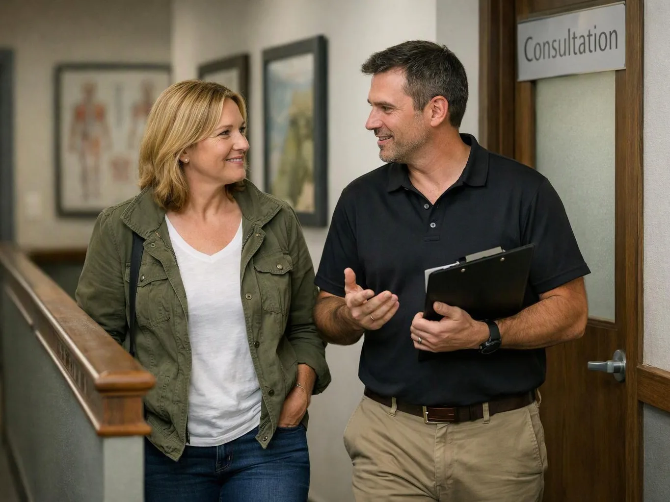 A woman and man smile while talking in a hallway outside a door marked Consultation