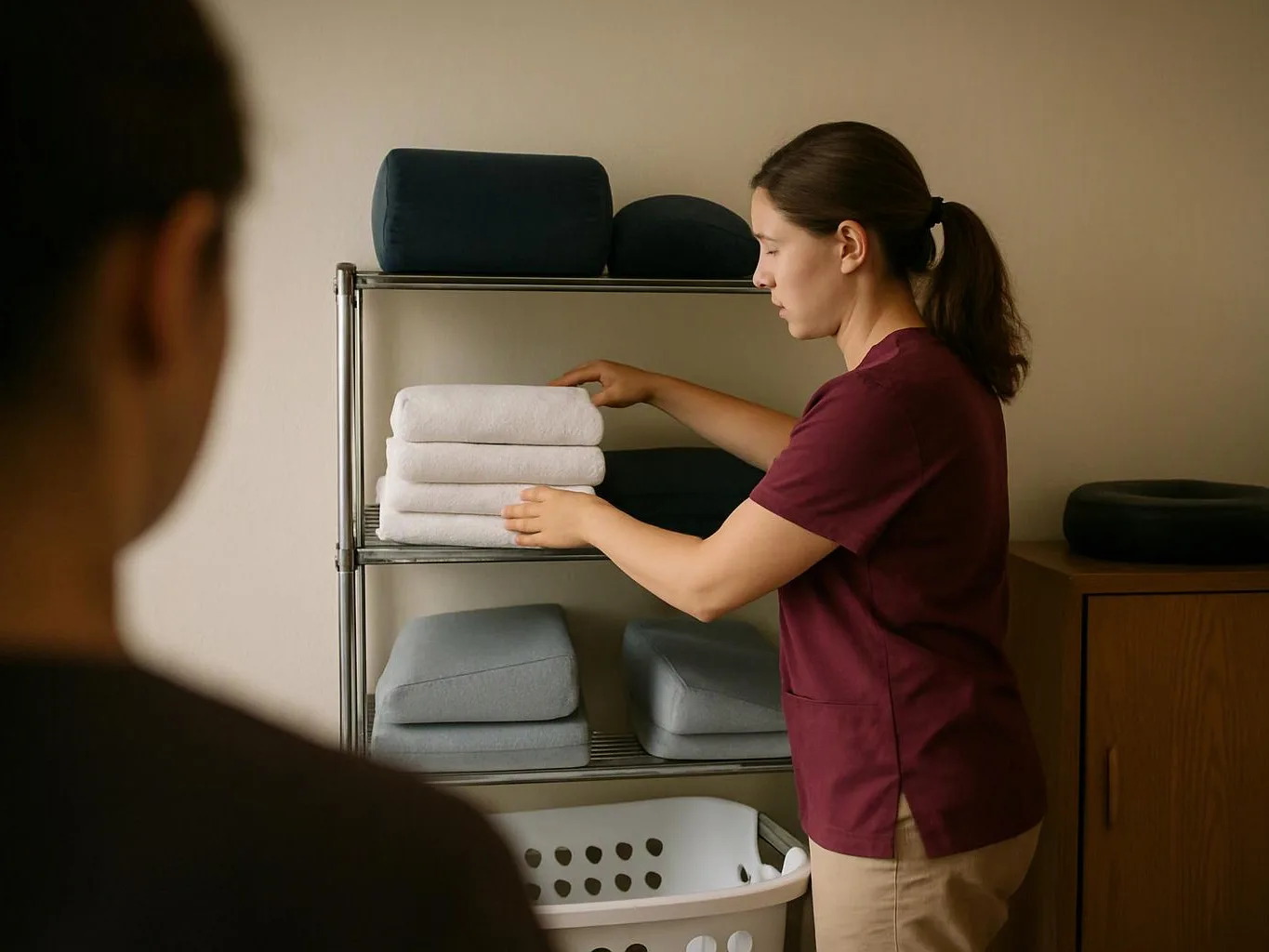 A woman in maroon scrubs stacks folded white towels on a metal shelf, with another person blurred in the foreground