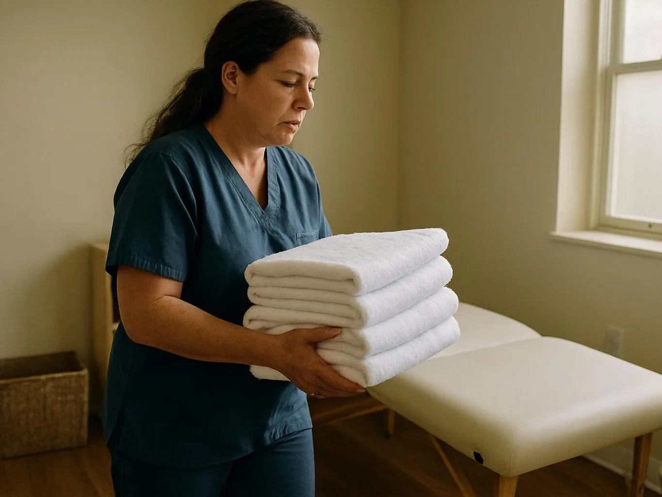 A woman in scrubs carries a stack of folded white towels beside a treatment table in a simple room