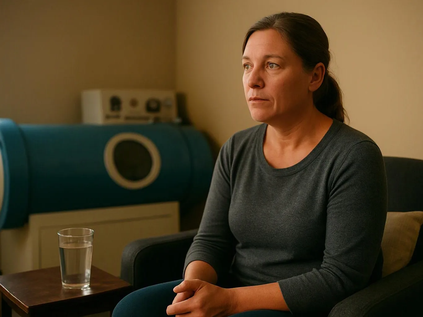 A woman sits in a chair beside a glass of water, looking off to the side in a quiet room