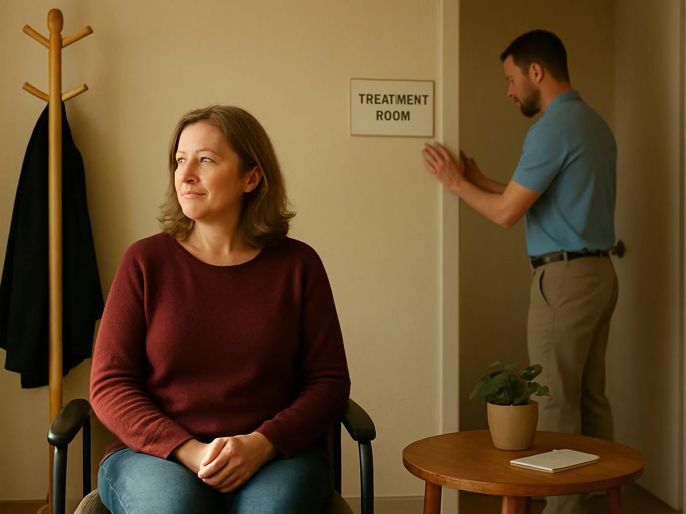 A woman sits in a chair while a man opens a treatment room door beside a coat rack and small table with a plant