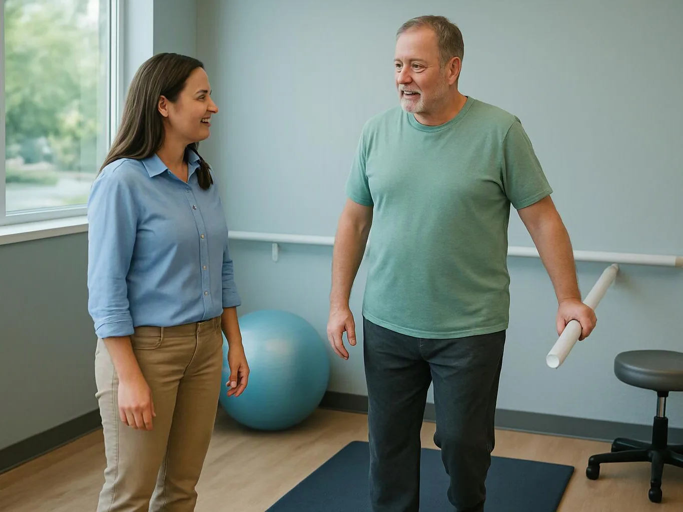 A woman smiles at a man holding a white exercise bar in a bright therapy room
