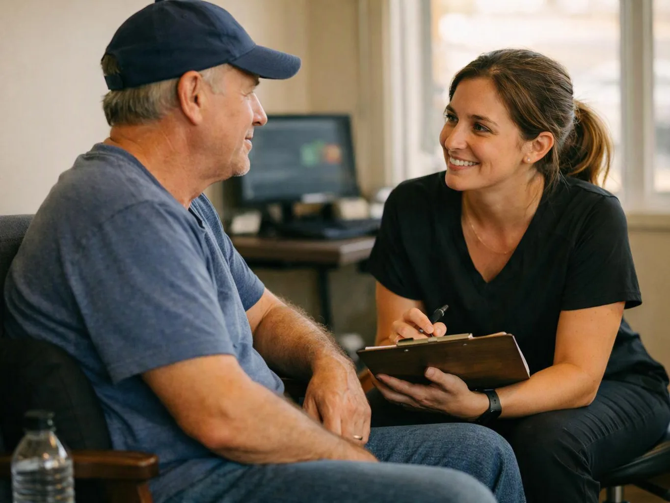 A woman smiles while taking notes on a clipboard as she talks with an older man in a room