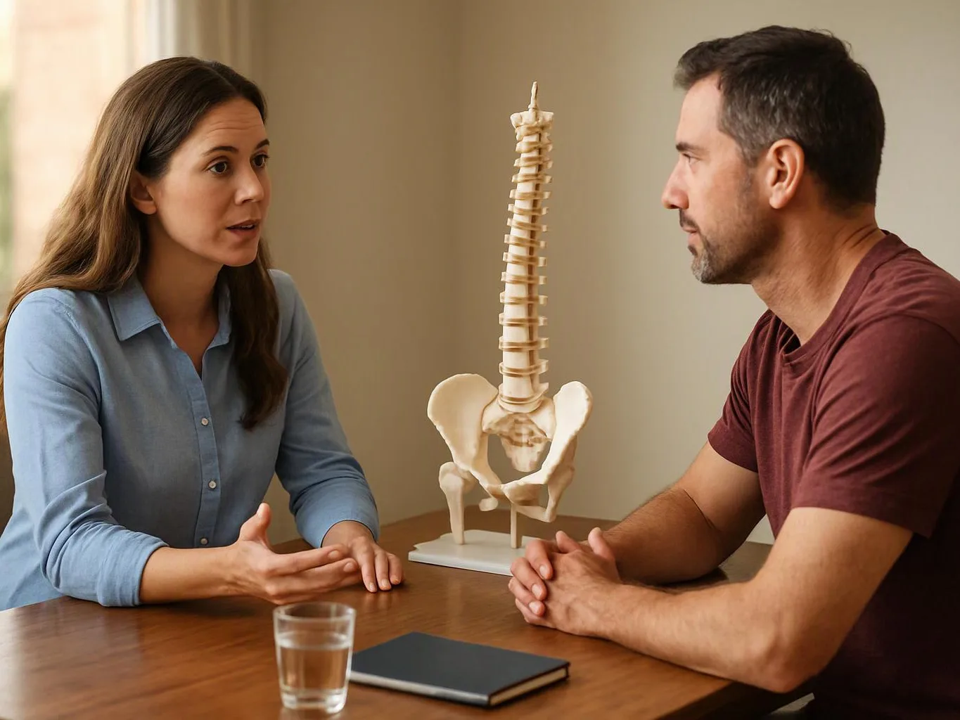 A woman speaks to a man across a table, with a spine model between them and a notebook and glass nearby