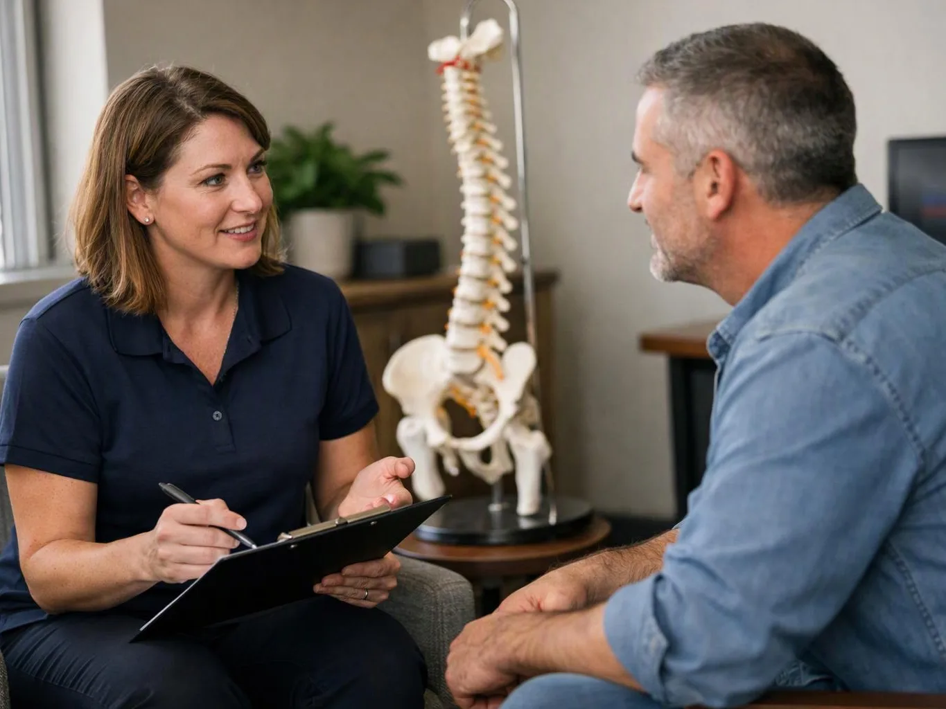 A woman takes notes while talking with a man in a room with a spine model behind them