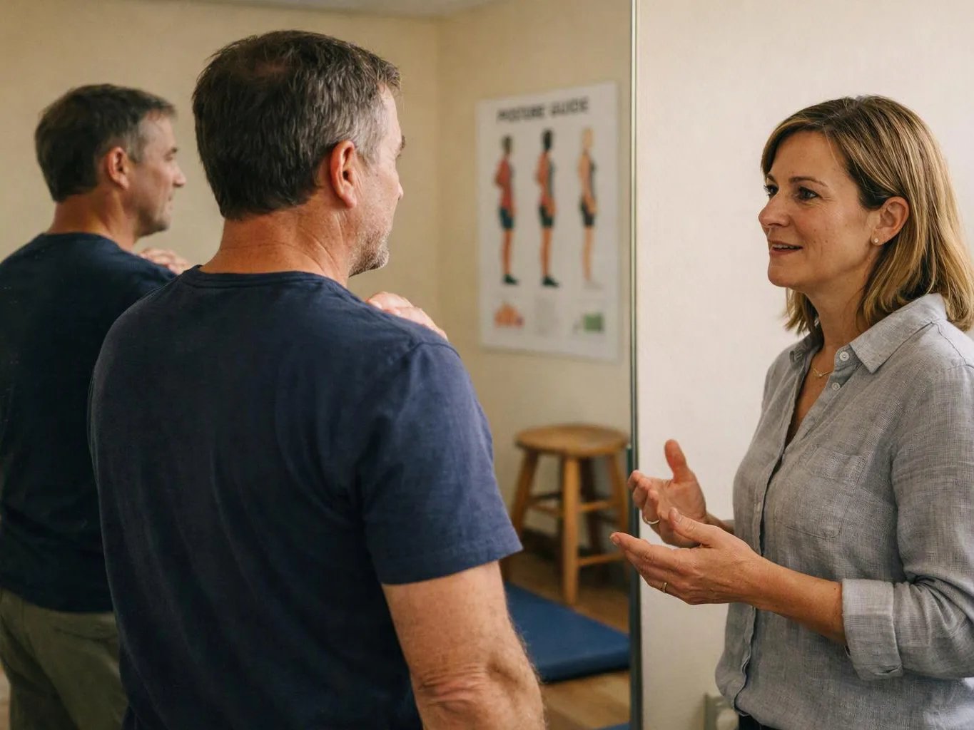 A woman talks with a man in front of a mirror inside a bright physical therapy room