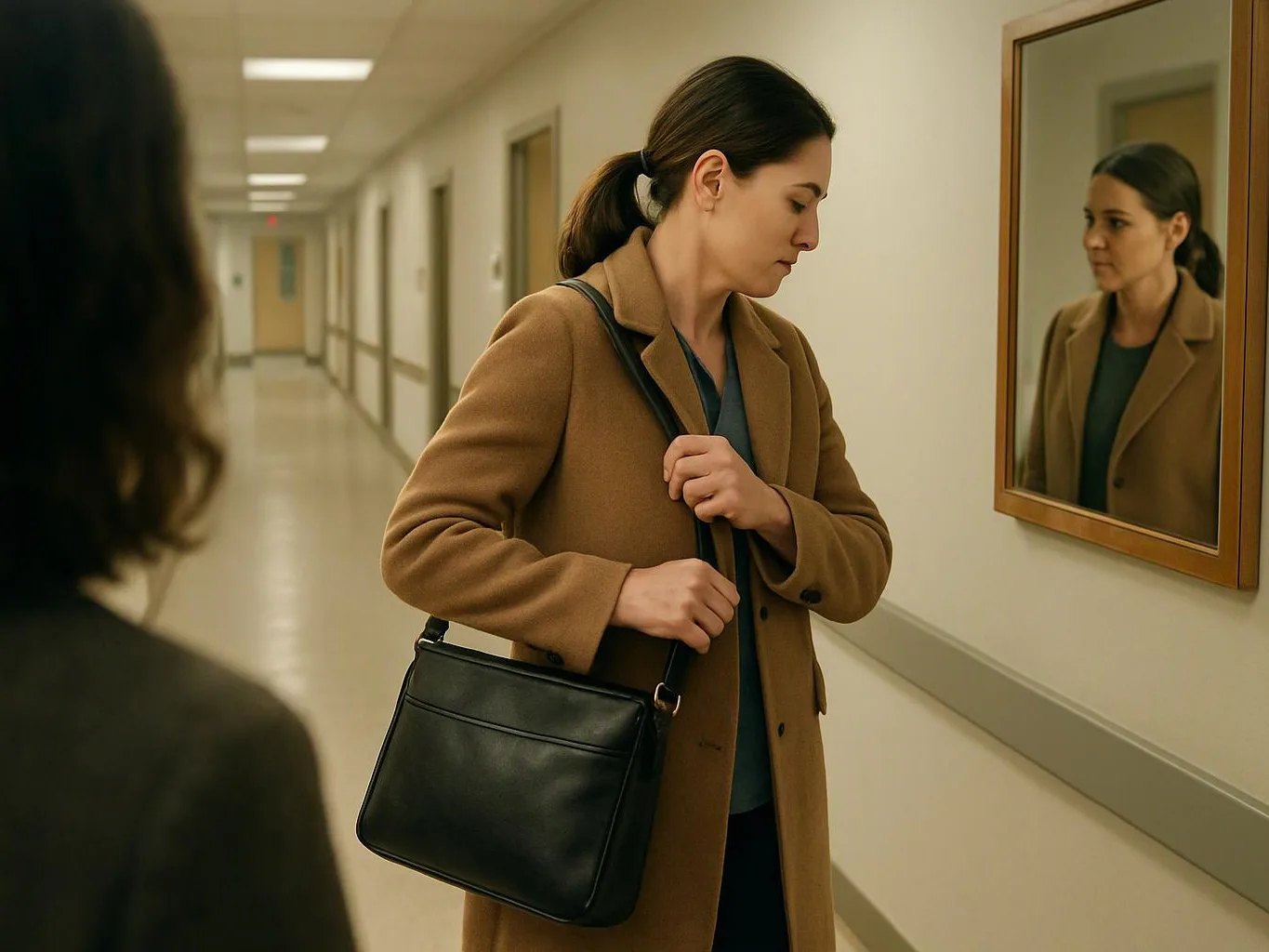 A woman in a tan coat adjusts a black shoulder bag while looking at her reflection in a hallway mirror