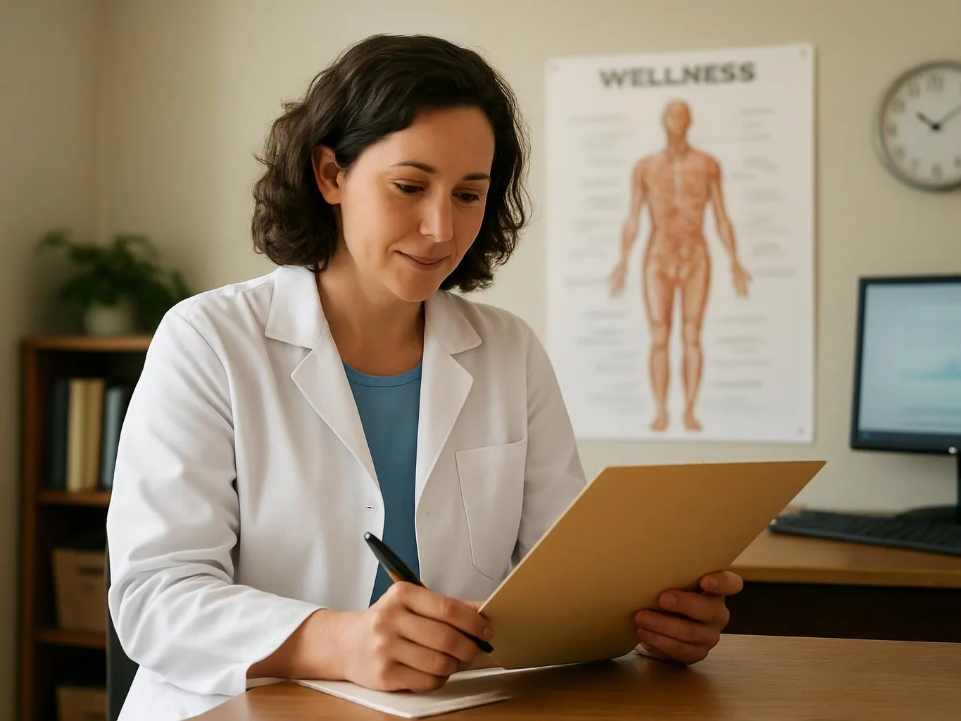 A woman in a white lab coat writes on a clipboard at a desk in a clinic office