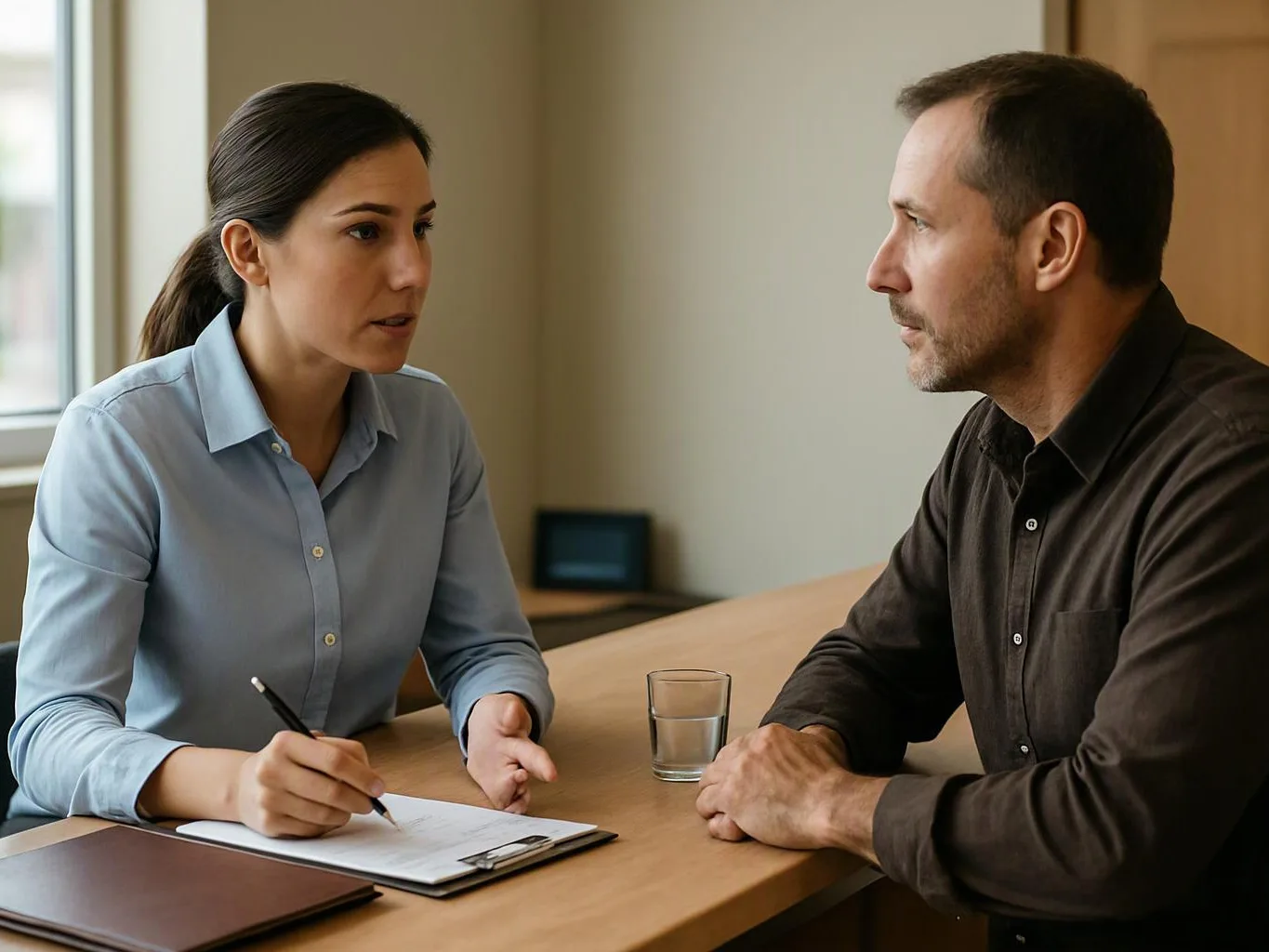 A woman writes on a clipboard while talking with a man across a wooden table in a bright office