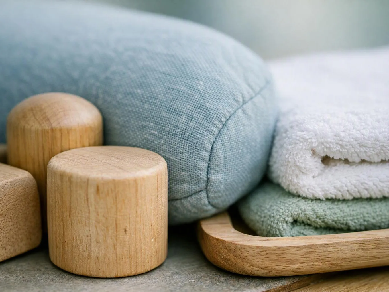 Wooden cylinders sit beside folded towels and soft cushions on a tray against a gray surface