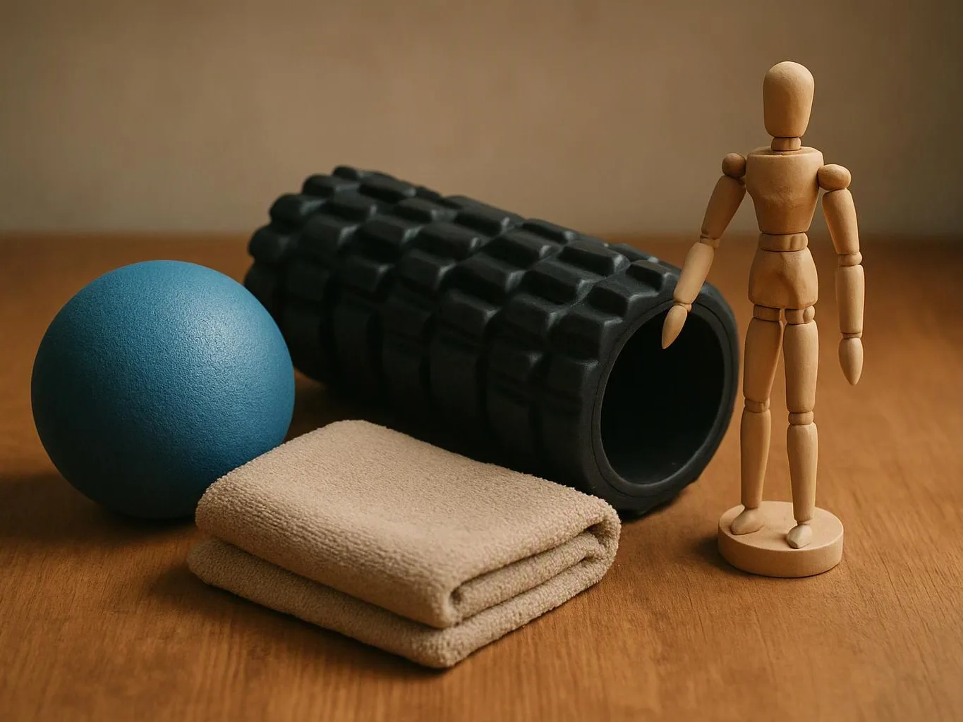 A wooden mannequin stands beside a black foam roller, a blue ball, and folded beige towels on a wooden surface