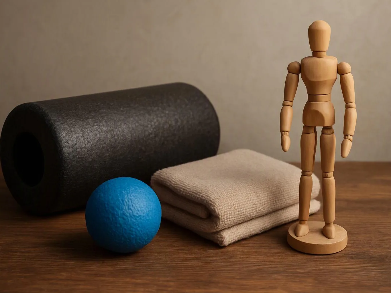 A wooden mannequin stands beside a folded beige cloth, a blue ball, and a black foam roller on a wooden table