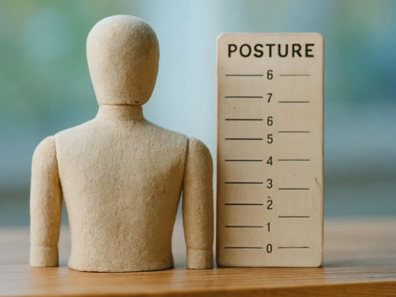 A wooden mannequin torso sits beside a posture scale card on a table