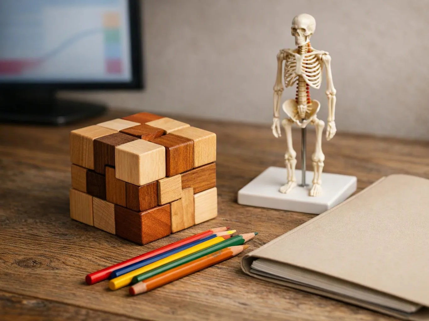 A wooden puzzle cube, colored pencils, a notebook, and a small skeleton model sit on a desk