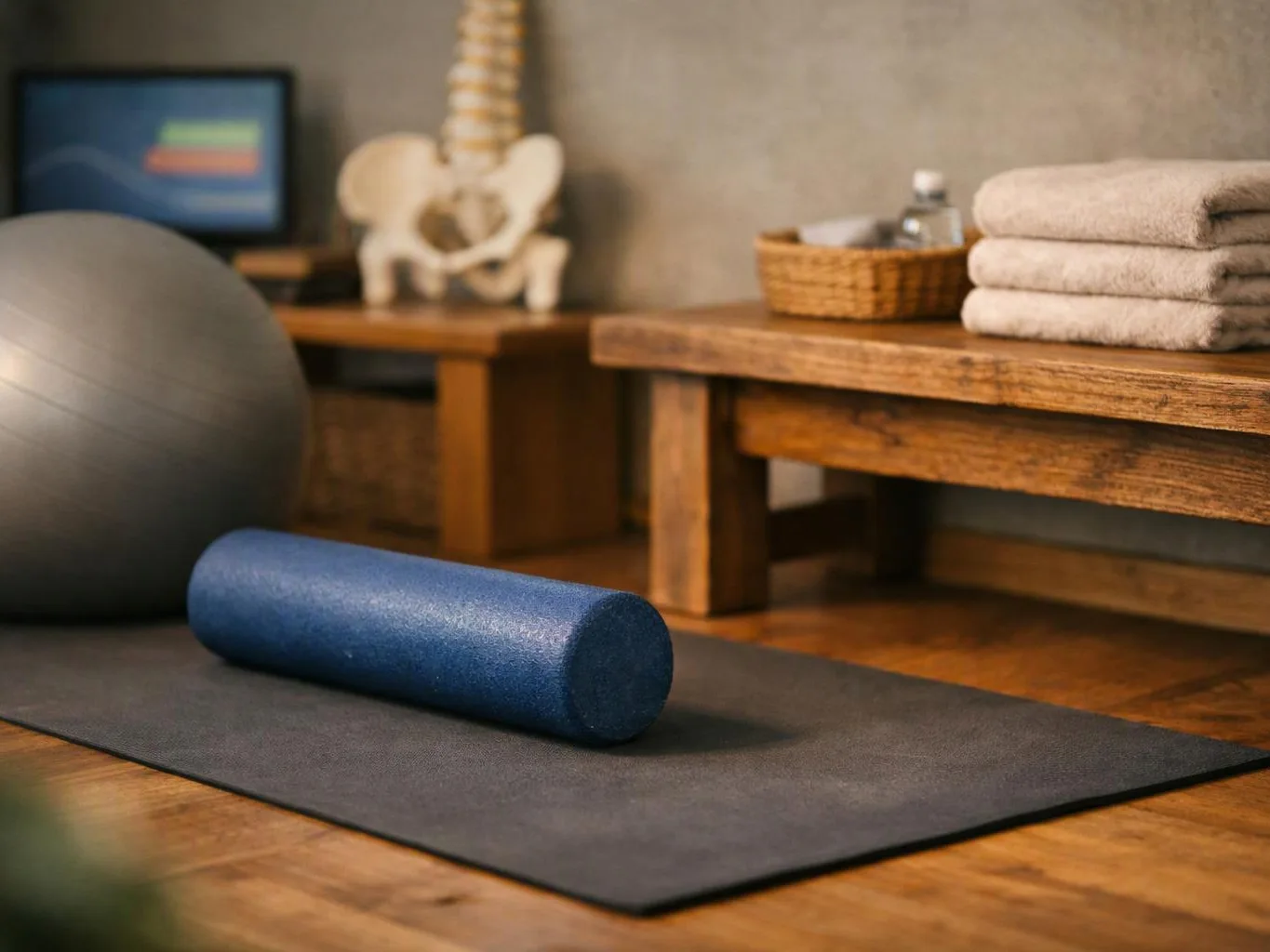 A yoga mat holds a blue foam roller and ball in a calm therapy room